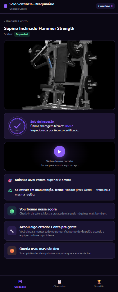 App do aluno Selo Sentinela — máquina com selo de inspeção, vídeo e ações